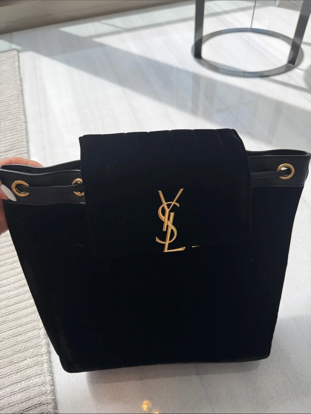 Saint Laurent Black Velvet Backpack with Gold YSL Logo